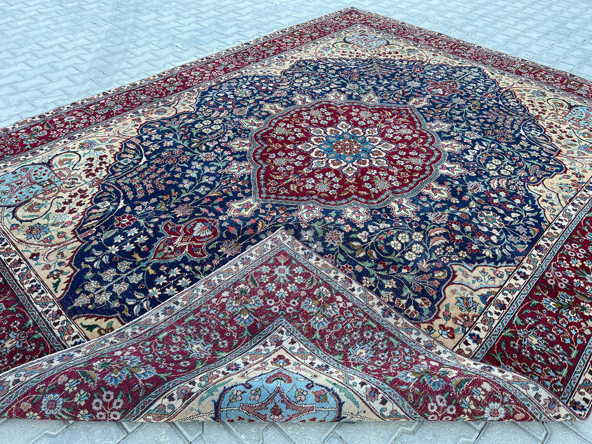 Hand Knotted Wool Rug 9x12: Vintage Oriental Navy Blue Rug