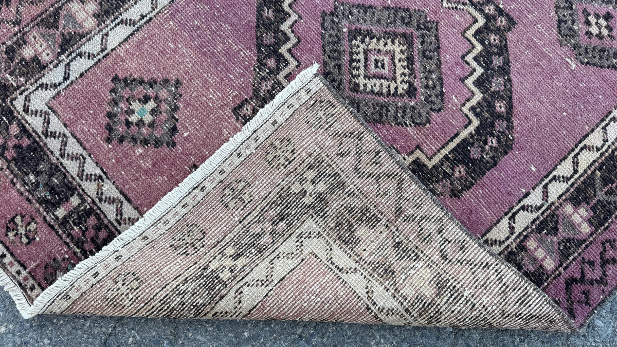 3x12 Purple Wool Runner Rug, Hand Made Rustic Decor, Kitchen Decor