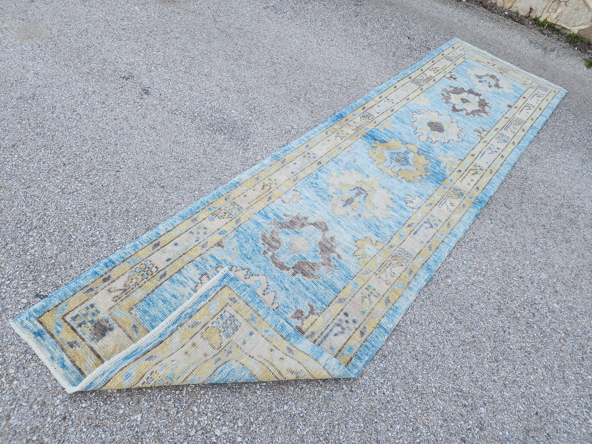 Oushak Wool Runner 3x11: Patina Blue Turkish Entry Rug, Oriental Home Decor