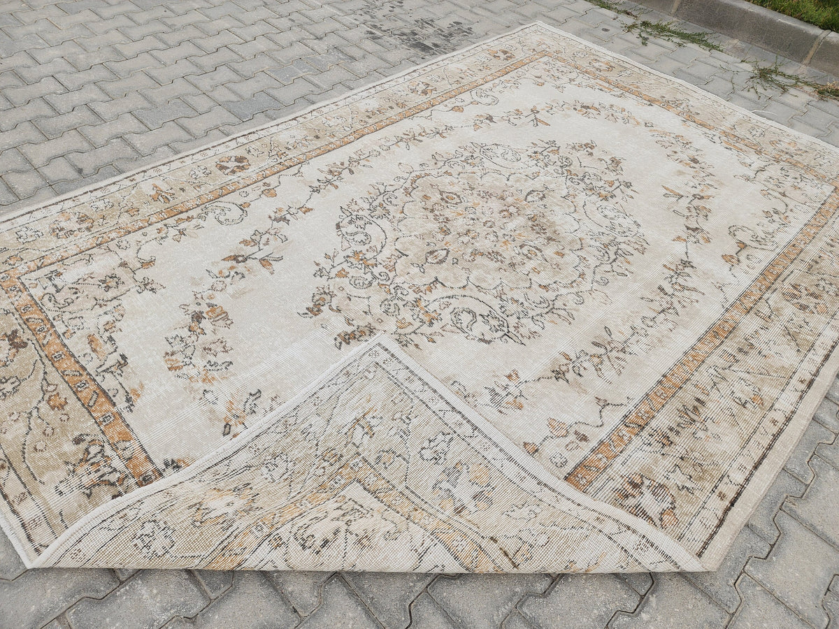 Turkish Rug 6x9, Neutral Medallion Hand Made, Living Room Area Decor