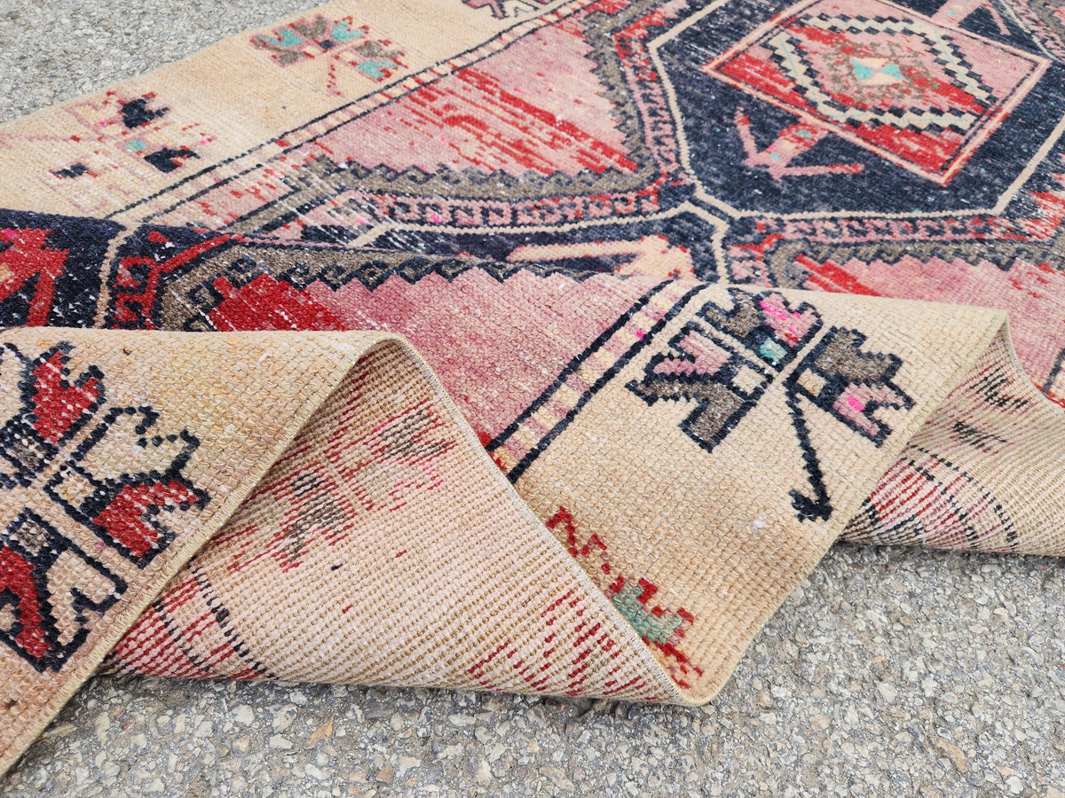 Turkish Runner Rug 3x11, Brown and Pink Color Hallway Carpet, Home Rustic Decor