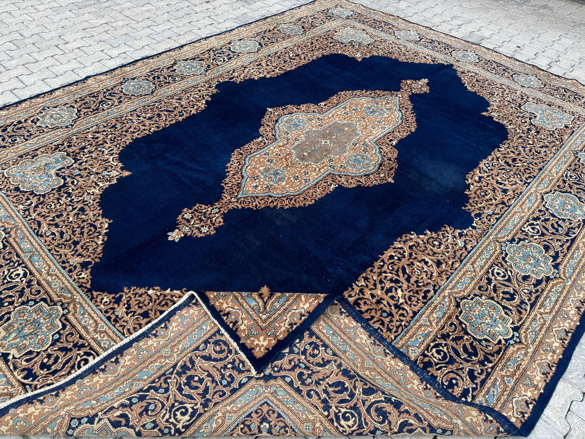 10x13 Vintage Wool Rug, Hand Knotted Turkish Oriental, Neutral Blue Carpet