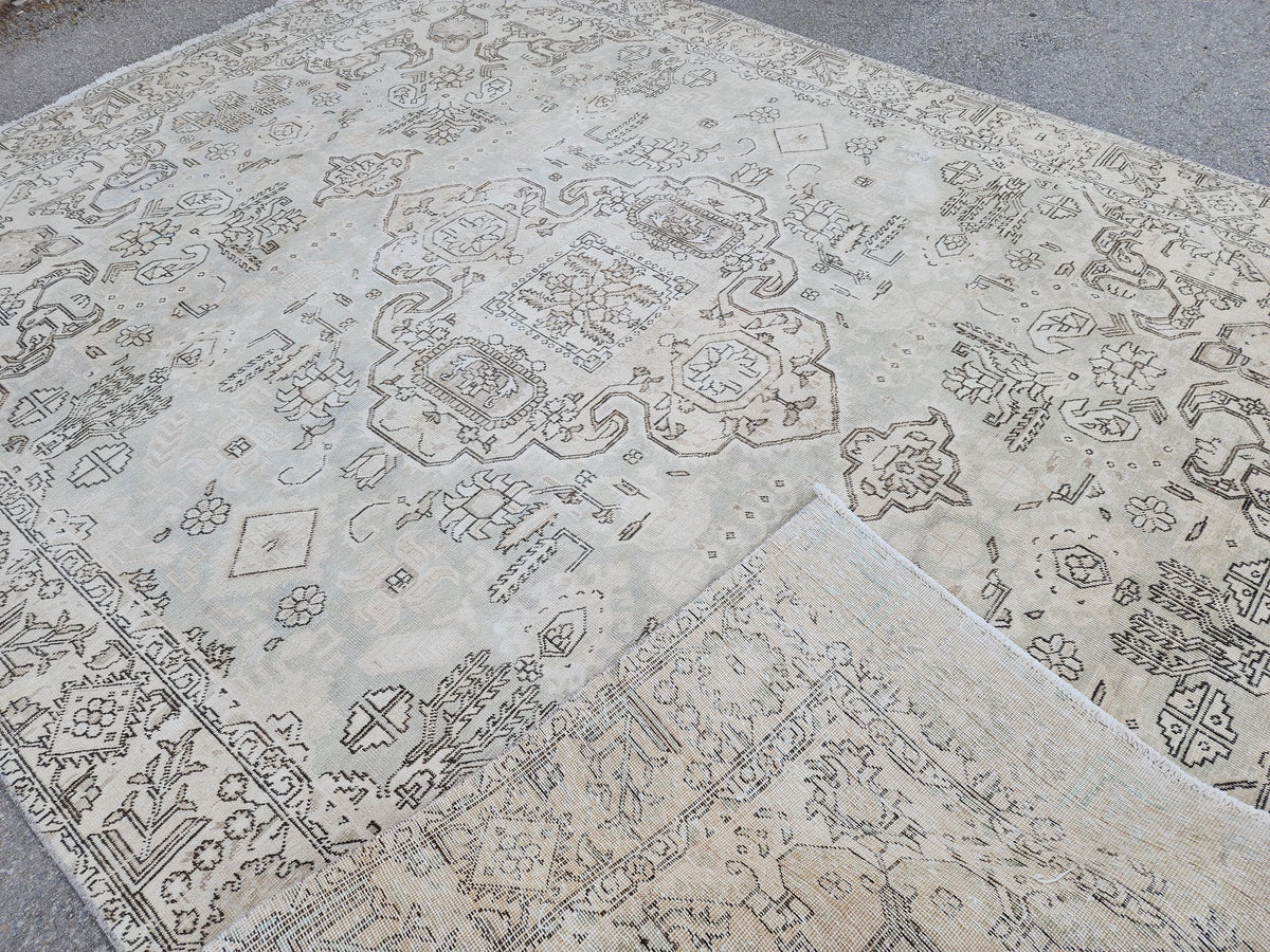 Neutral Large Rug 9x12, Hand Knotted, Green and Beige Rug, Living Room Decor