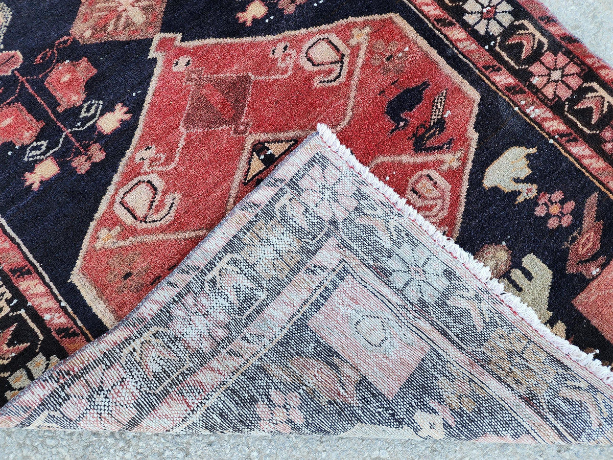 Vintage Wool Runner Rug: Animal Design, Navy Blue and Faded Red