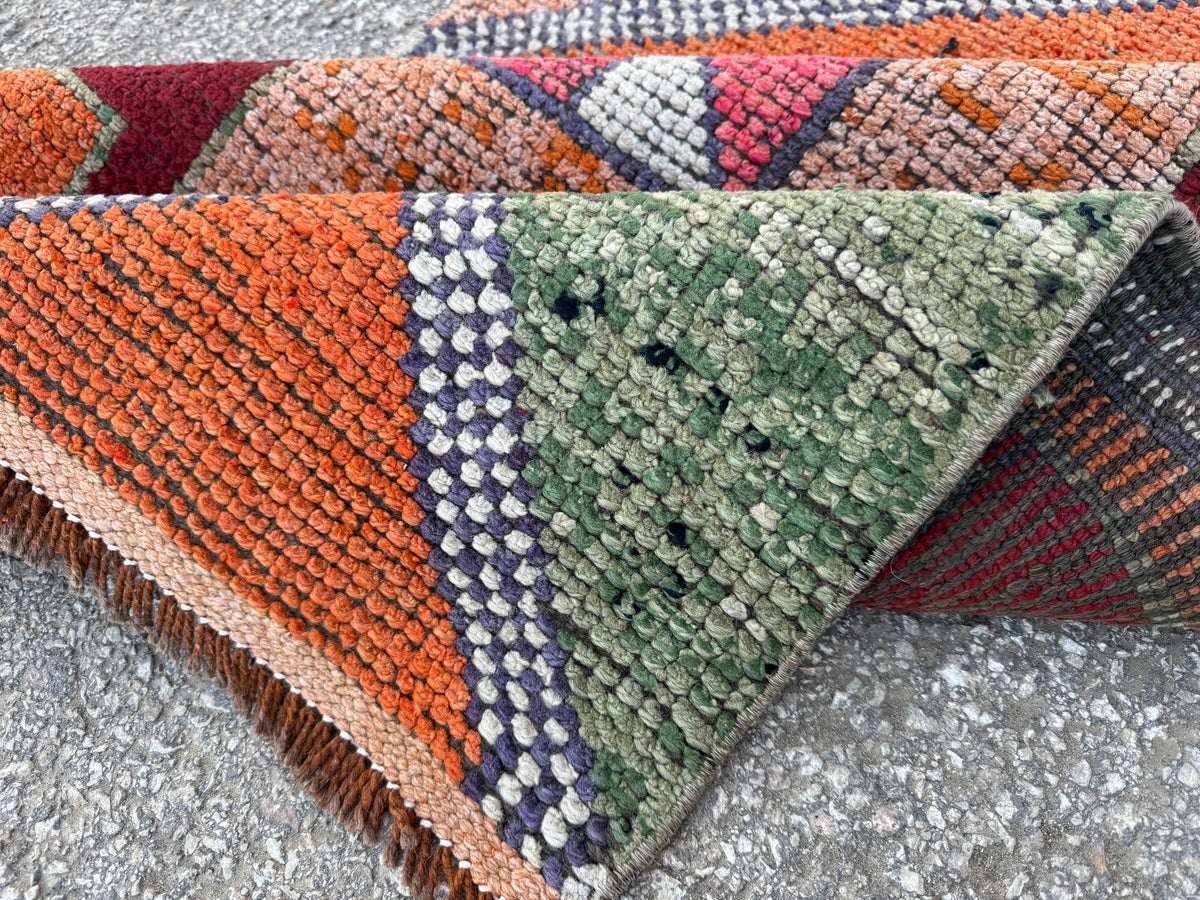 3x10 Herki Runner Rug: Vintage Handwoven Wool in Burnt Orange and Green Tribal Motifs