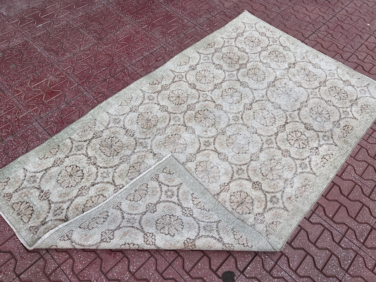 Handwoven Neutral Oushak Rug 4x7: Turkish Wool & Cotton Rug