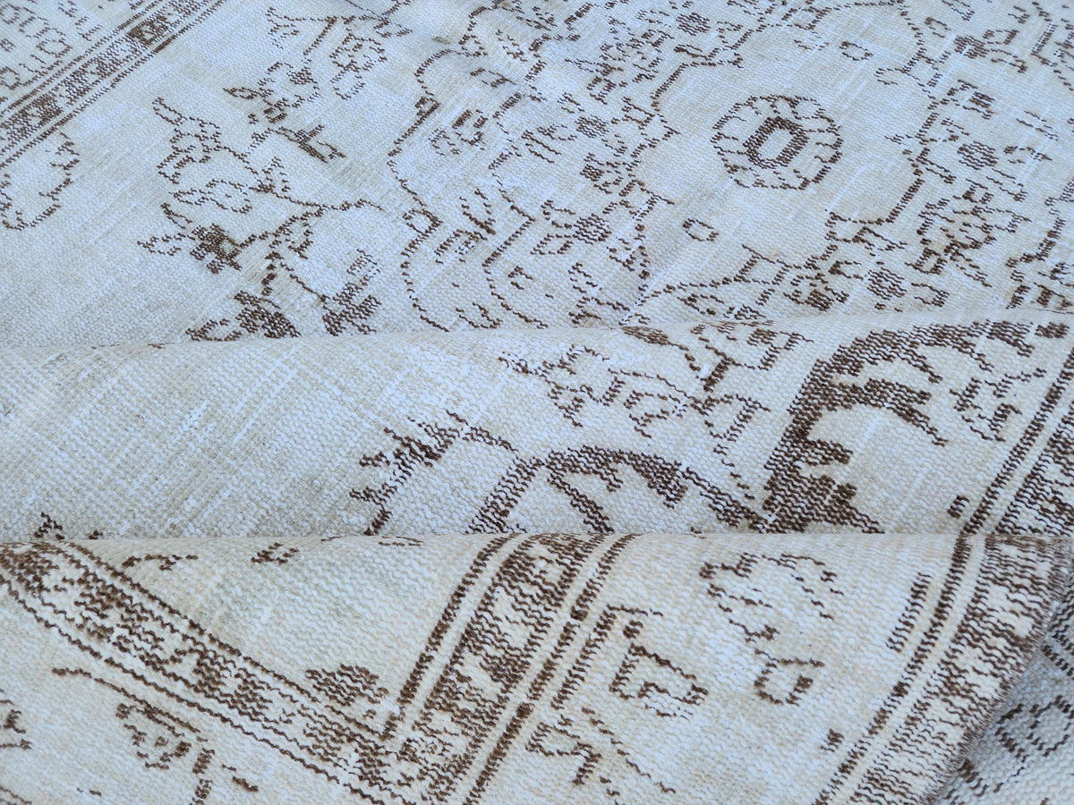 6x9 Turkish Area Rug, White and Brown Hand Knotted, Living Room Rustic Decor