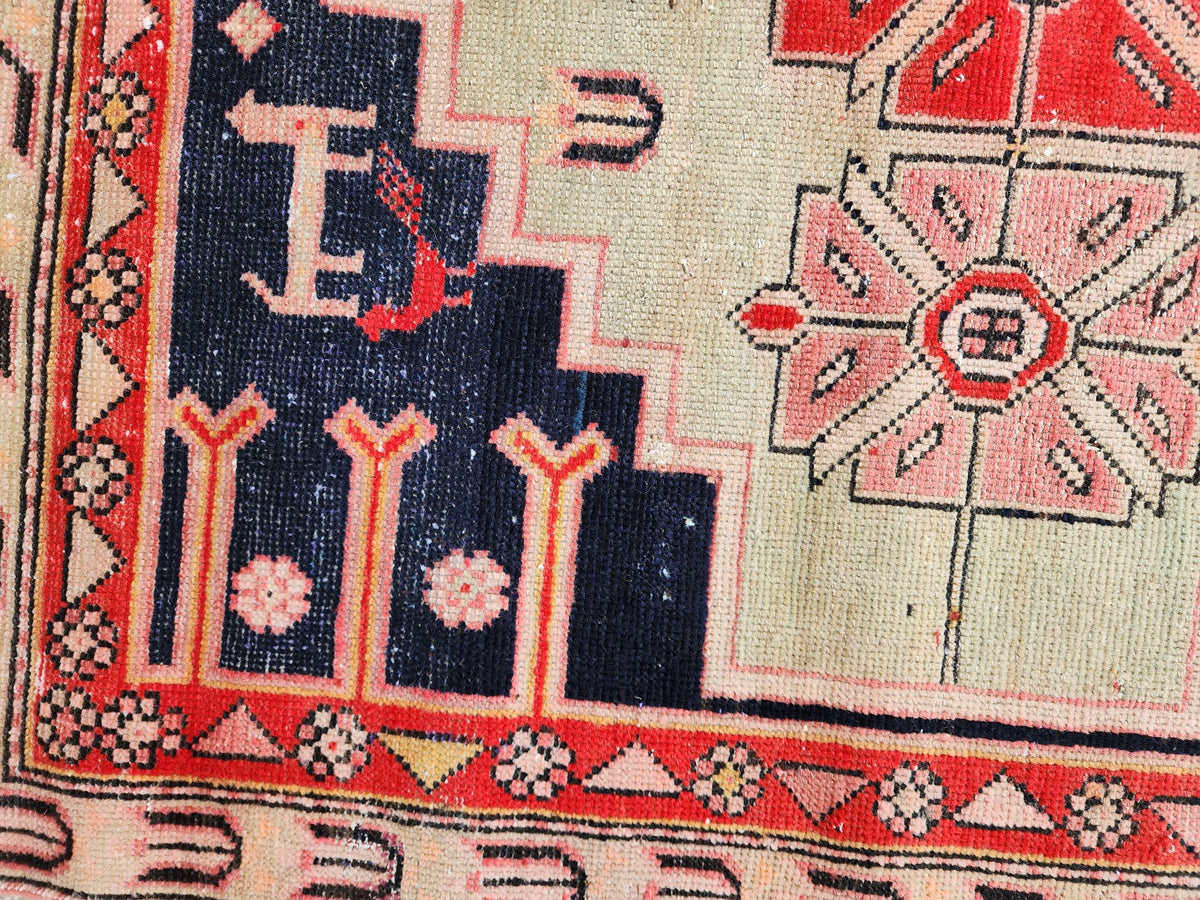 3.7x9.7 Vintage Caucasian Runner Rug, 1950s Handwoven Wool Carpet, Animal Motif Navy Red Tribal Design