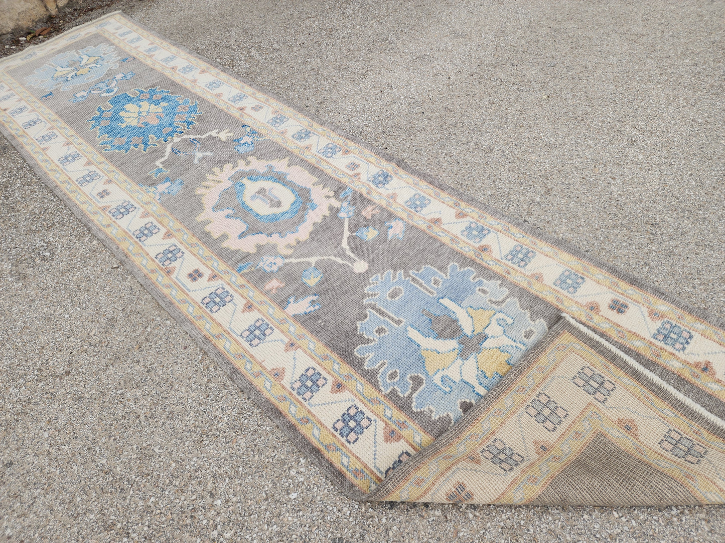 3x12 Turkish Oushak Runner Rug – Hand Knotted Wool Rug, Gray Blue Vintage Style Runner, Extra Long Hallway Rug- sku1812