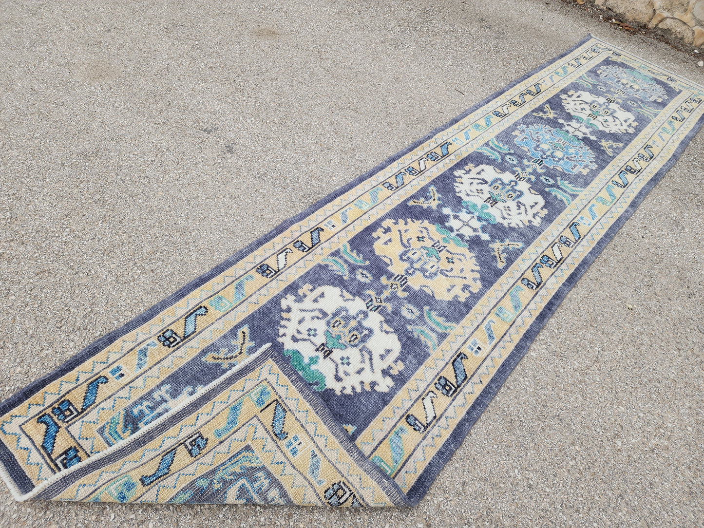 3x13 Oushak Runner Rug – Hand Knotted Wool Runner, Blue Hallway Rug- sku1814