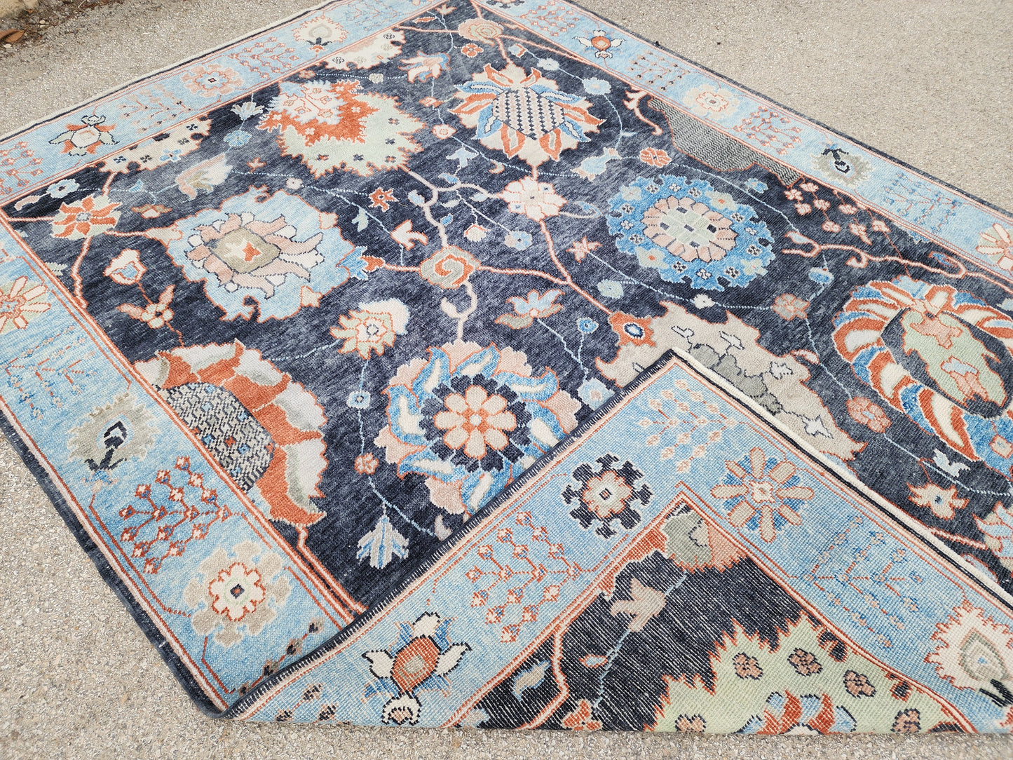 8x10 Turkish Oushak Rug – Hand Knotted Wool Rug, Navy Blue Floral Area Rug, Large Living Room Rug, sku1816