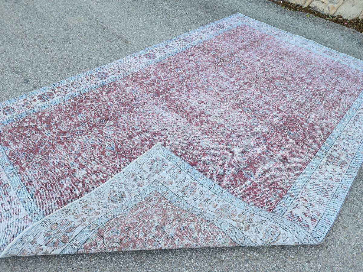 6x9 Turkish Area Rug, Faded Red Wool, Rustic Home Decor