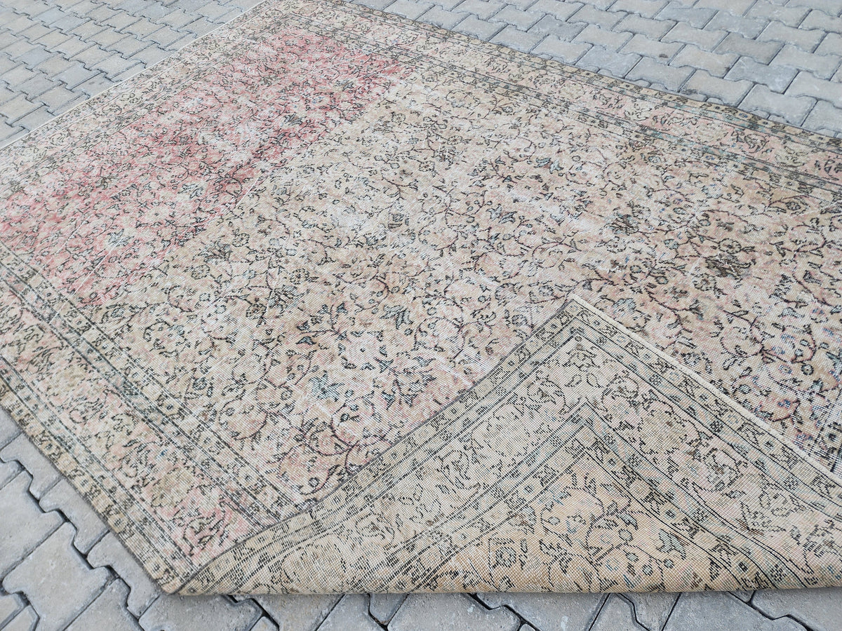 7x10 Vintage Turkish Rug: Beige and Pink Oriental Oushak Rug