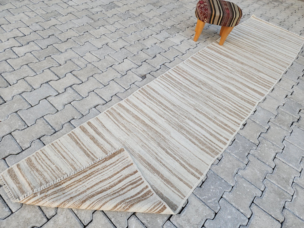 Neutral Turkish Kilim Runner 2x11, Kitchen Bohemian Decor, Eco Friendly Rug