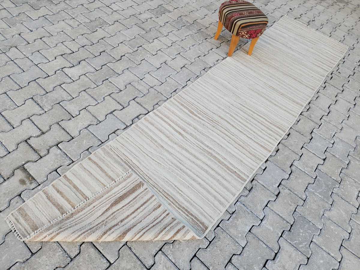 2.7x11 Vintage Turkish Kilim Rug: Neutral Handwoven Wool Hallway Runner