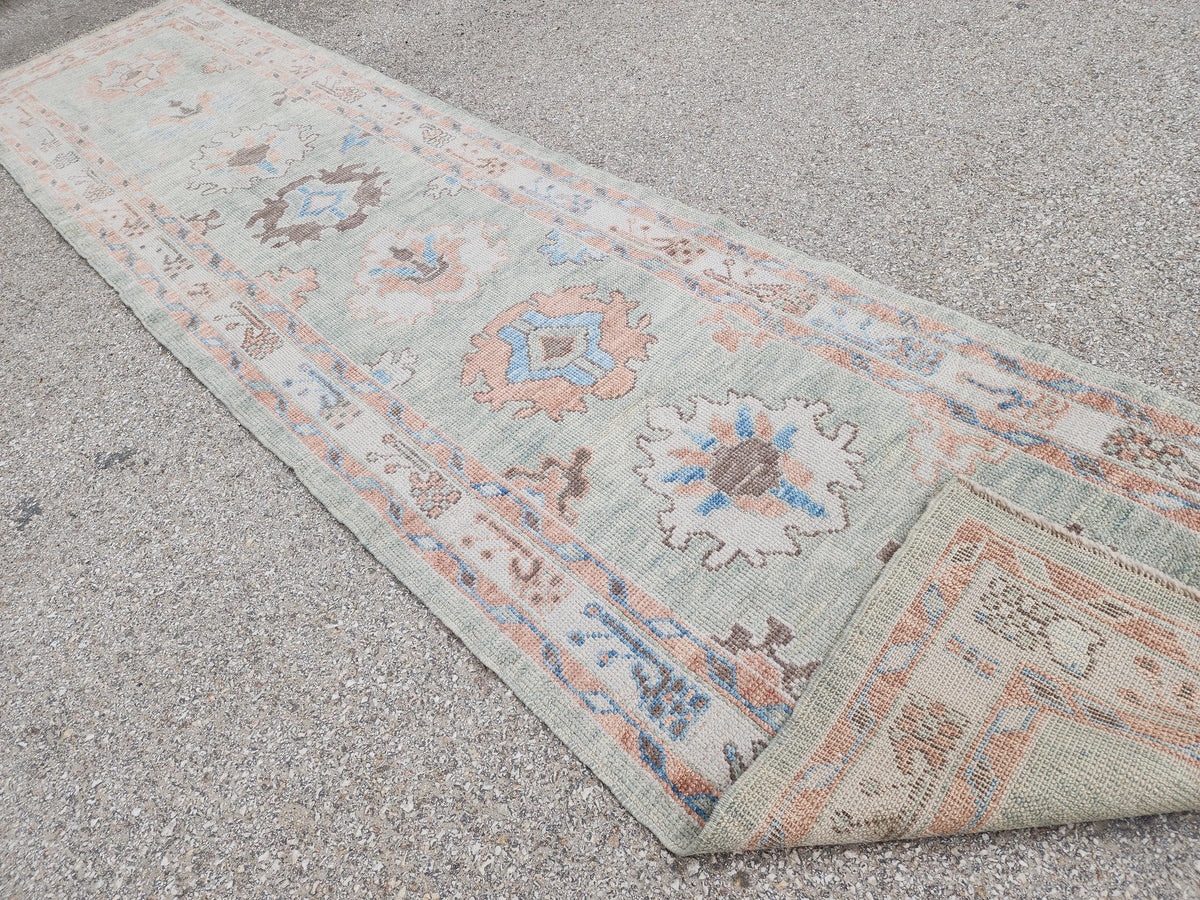 3x13 Oushak Runner Rug: Handwoven Turkish Wool, Soft Green, Eco Friendly