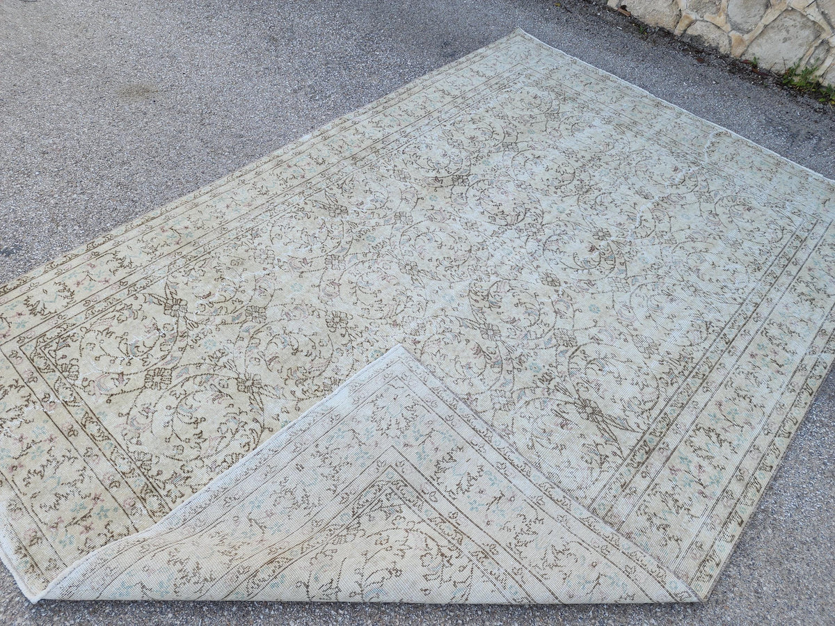 7x10 Vintage Oushak Rug: Hand-Knotted Wool, Distressed Beige Carpet
