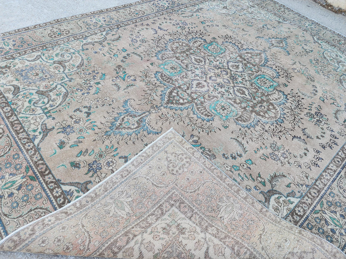 Vintage Neutral Area Rug 9x13: Persian Medallion Design, Brown and Green