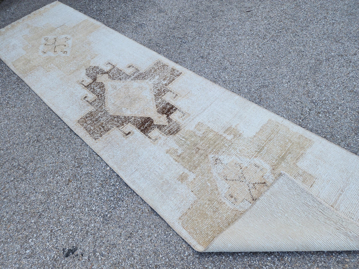 Neutral Turkish Runner Rug 3x12: Handcrafted Oushak Rug