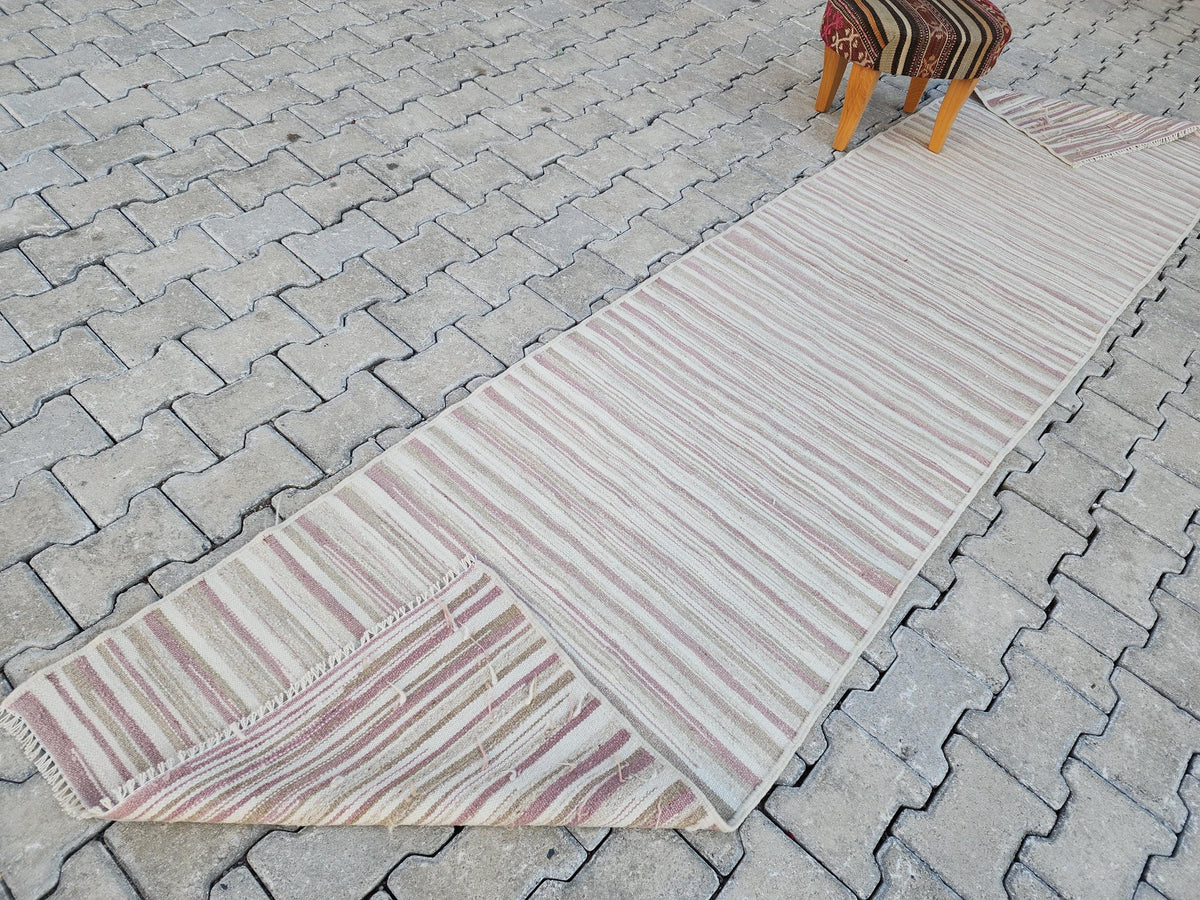 2x11 Hand Knotted Turkish Kilim Runner Rug: Neutral Farmhouse Decor