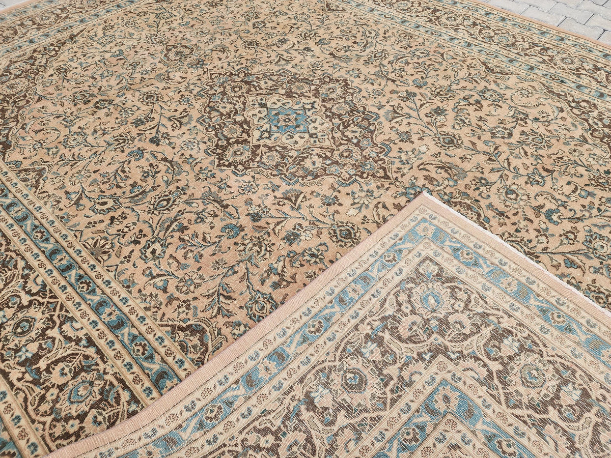 Neutral Persian Rug 9x12, Beige & Green Hand-Knotted, Neutral Living Room Decor