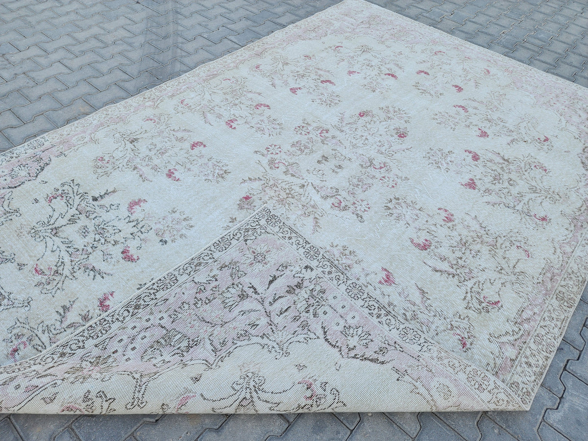 7x10 Oushak Rug: Beige Traditional Patterned Wool Carpet