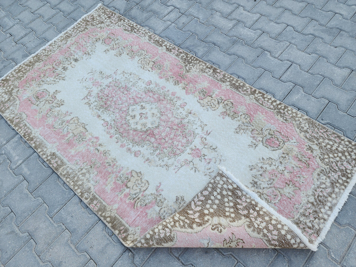 Handwoven Turkish Oushak Rug 4x7: Pink Rose Wool Rug
