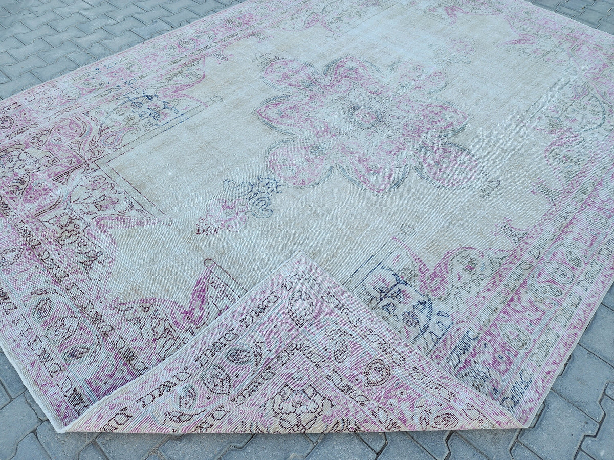 8x11 Vintage Oushak Rug: Pink Wool Turkish Rug
