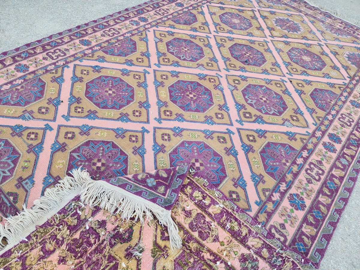 Vintage Soumak Kilim 7x11: Hand Knotted, Green and Purple