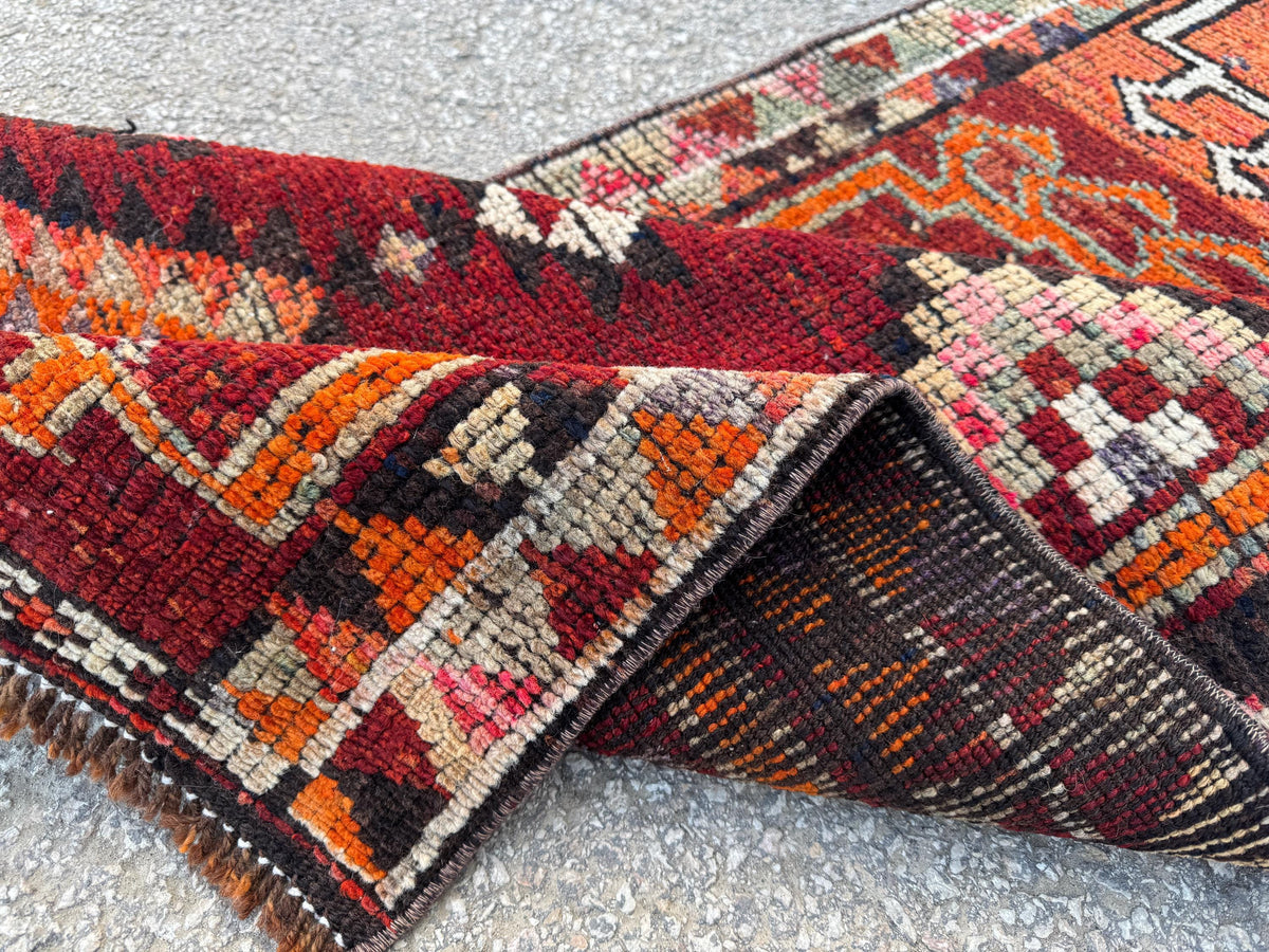 2x11 Runner Rug: Vintage Wool in Maroon and Orange with Geometric Tribal Pattern