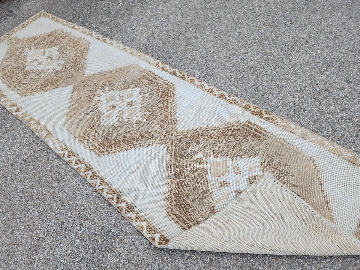 3x11 Wool Turkish Runner Rug: Neutral Rustic Hallway Entry Rug
