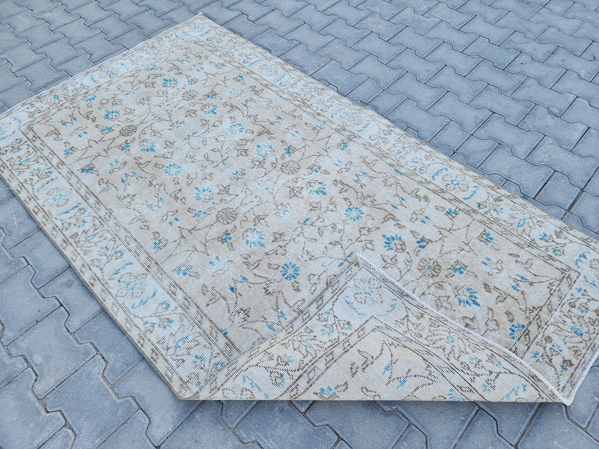 Handwoven Turkish Oushak Rug: 4x7 Neutral Wool & Cotton