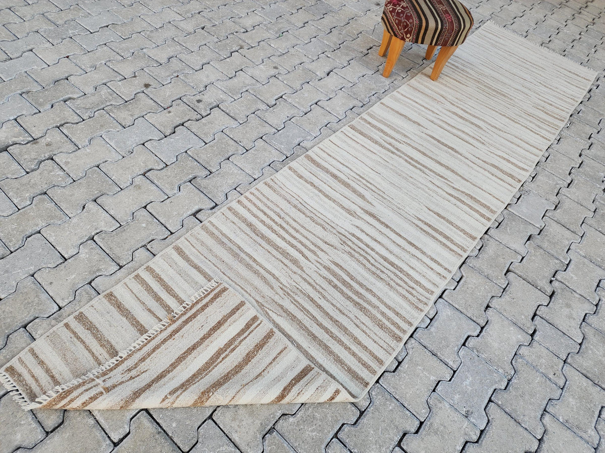 2x11 Hand Knotted Turkish Kilim Runner Rug: Neutral Wool, Rustic Decor