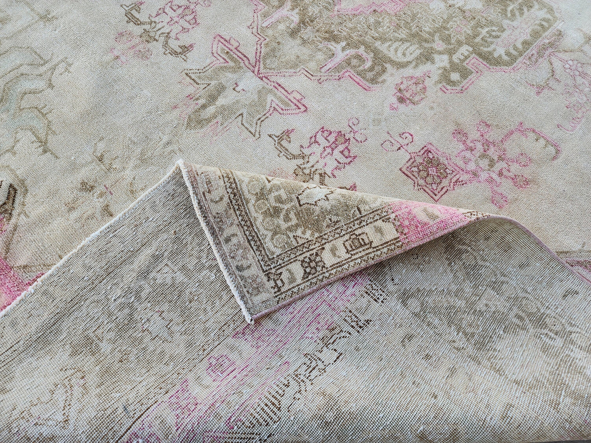 Hand Knotted Wool Vintage Rug: 10x13 Neutral Pink Cream Oversized Area Rug