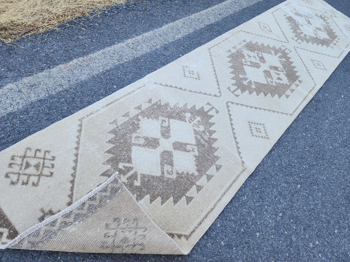 Neutral Runner Rug 2.7x12.7 ft, Oriental Living Room Decor, Hallway Boho Decor, Gift For Mom