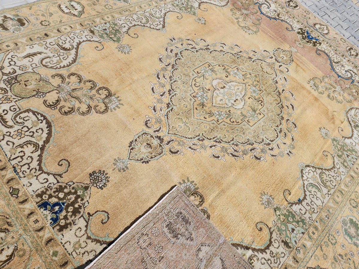 Neutral Rustic Rug 9x12: Medallion Persian Design, Hand Knotted, Rustic Bohemian Decor