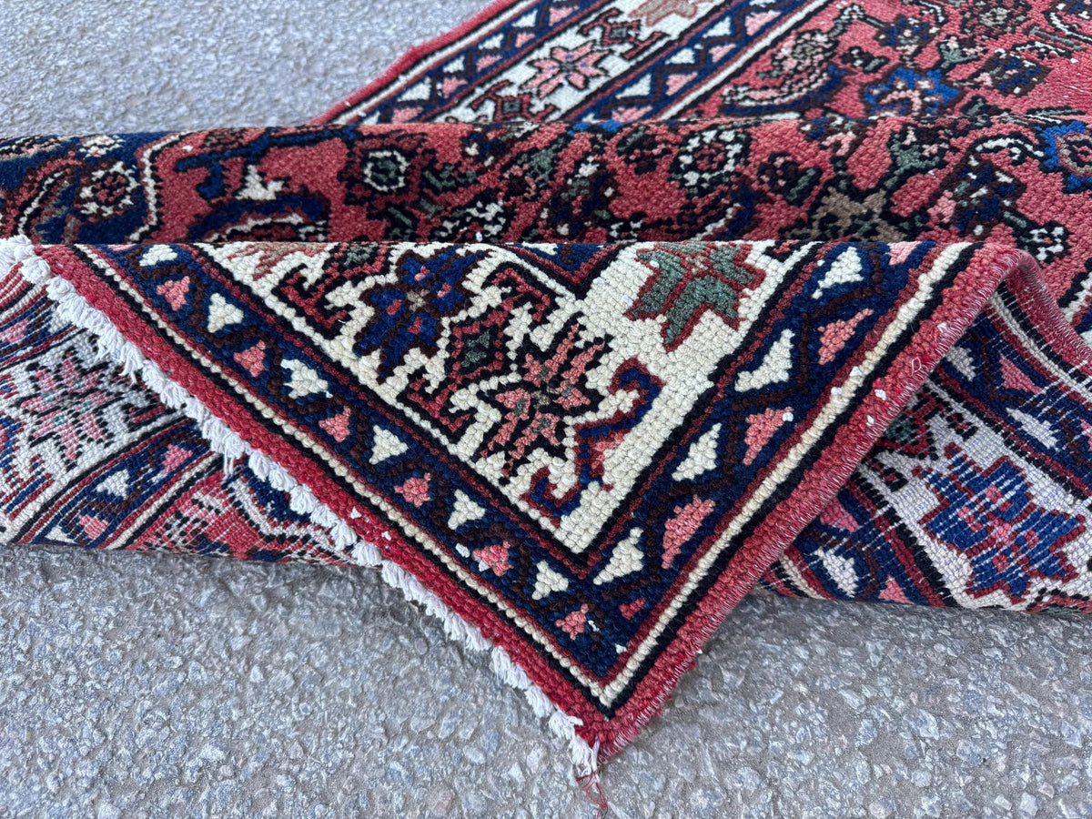 Vintage Wool Runner Rug 3x11: Oriental Hand Knotted, Navy and Faded Red