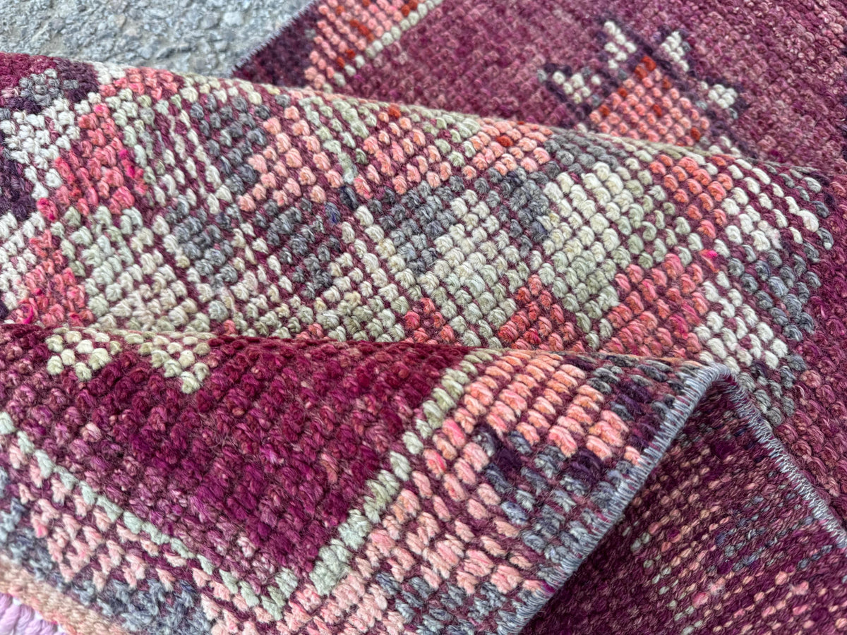 2x8 Tribal Medallion Runner: Handwoven Turkish Wool Purple and Red with Geometric Motifs