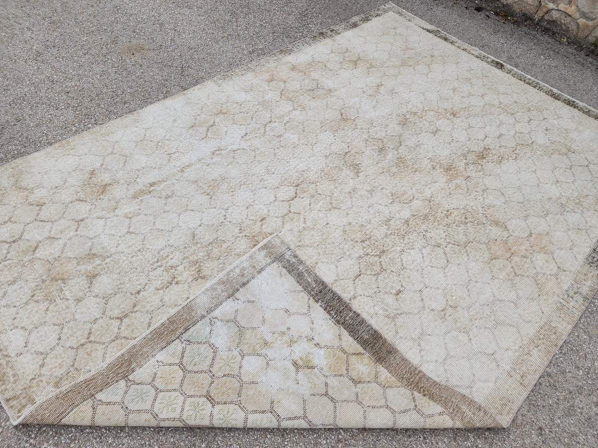7x10 Turkish Oushak Rug: Neutral Geometric Wool Area Rug