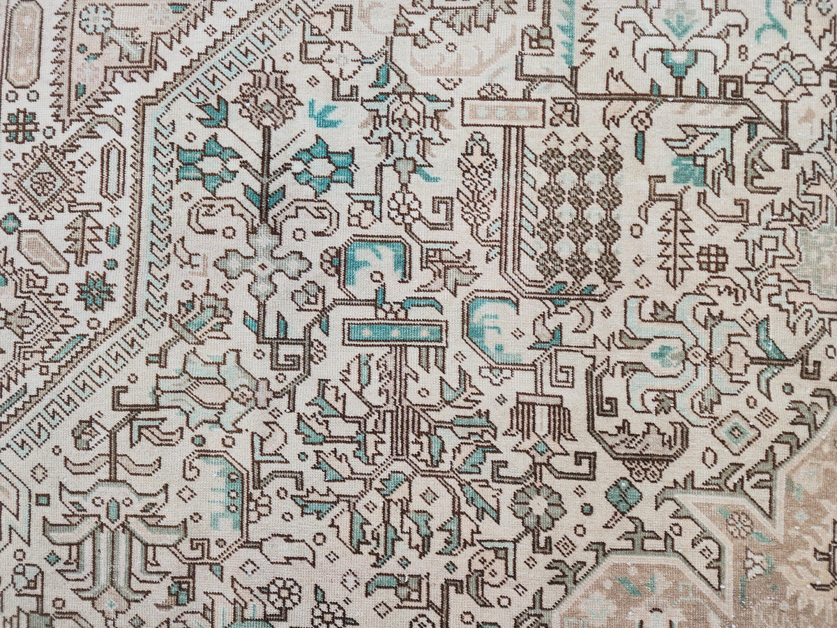 Vintage Neutral Rug 9x12, Up Cycled Wool, Hand Knotted Geometric Design, Brown and Beige
