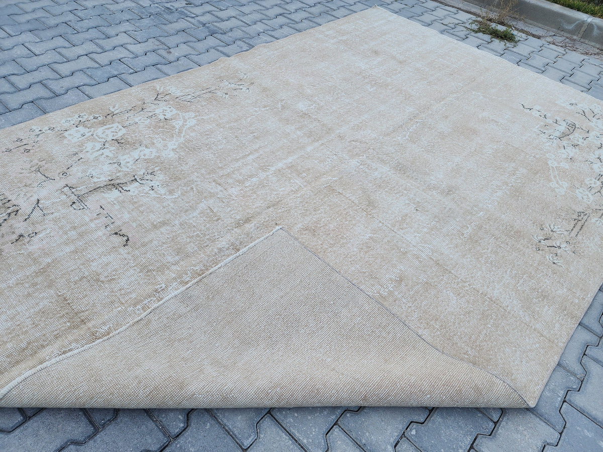 7x10 Vintage Oushak Rug: Neutral Beige Turkish Hand-Knotted Rug