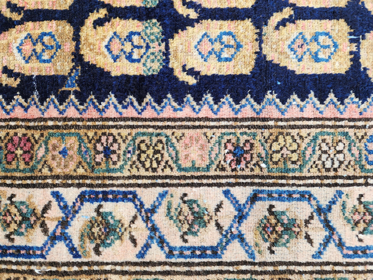 Antique Caucasian Runner Rug 3x17 ft | 100-Year-Old Hand-Knotted Wool Rug | Navy Blue Floral Gallery Runner