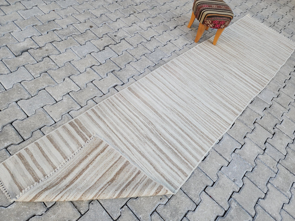 2x11 Handwoven Turkish Kilim Runner Rug: Neutral Wool Farmhouse Rug