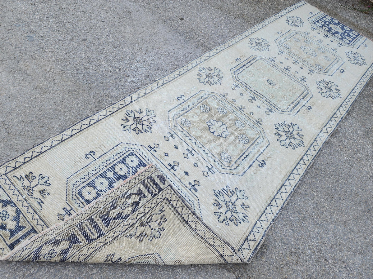 Neutral Geometric Runner Rug 3x10, Turkish Hand Made Rustic Home Decor, Beige and Blue Wool