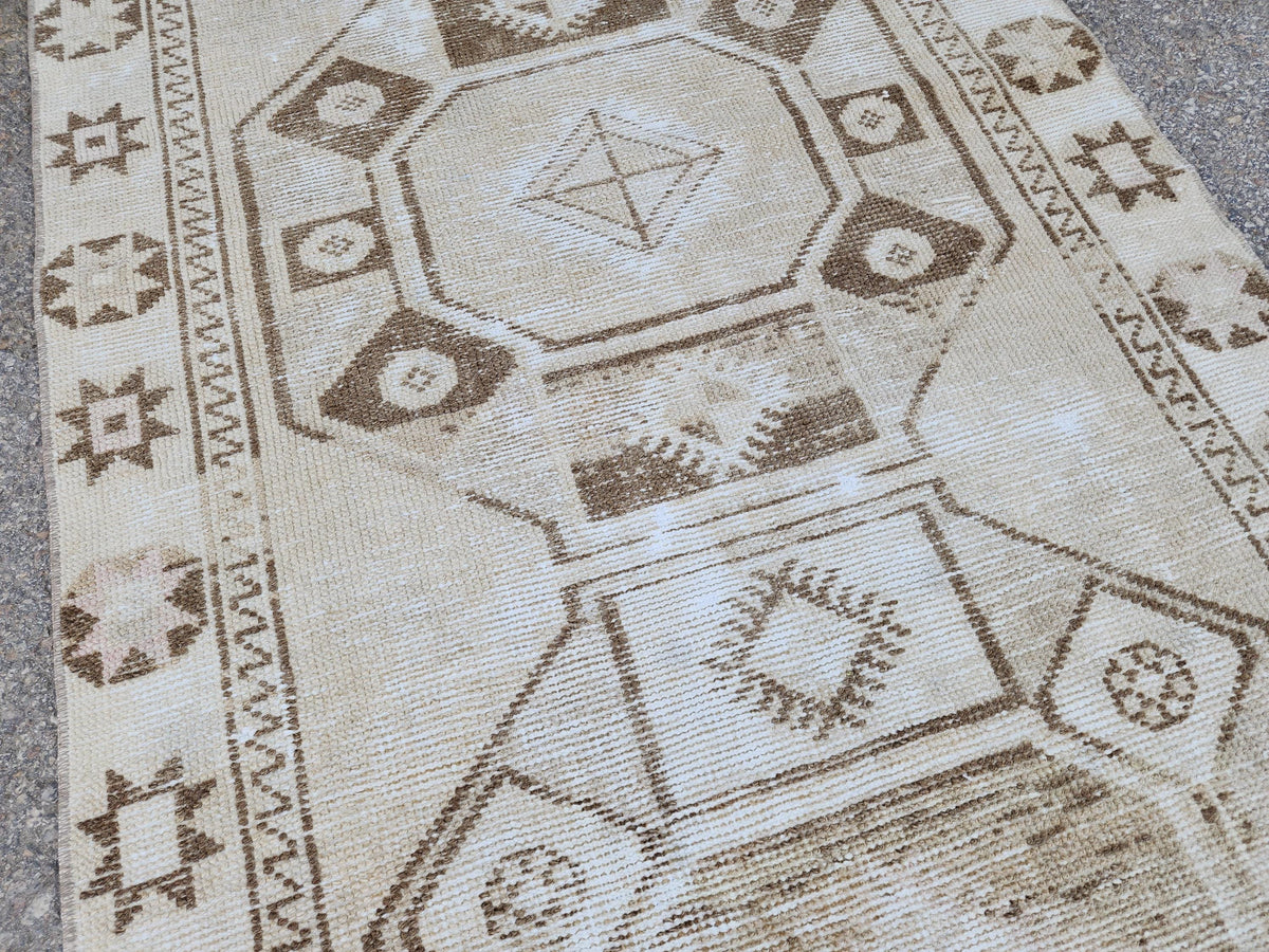 Neutral Geometric Runner Rug 3x13, Bohemian Turkish Hand Made Carpet, Hallway Home Decor
