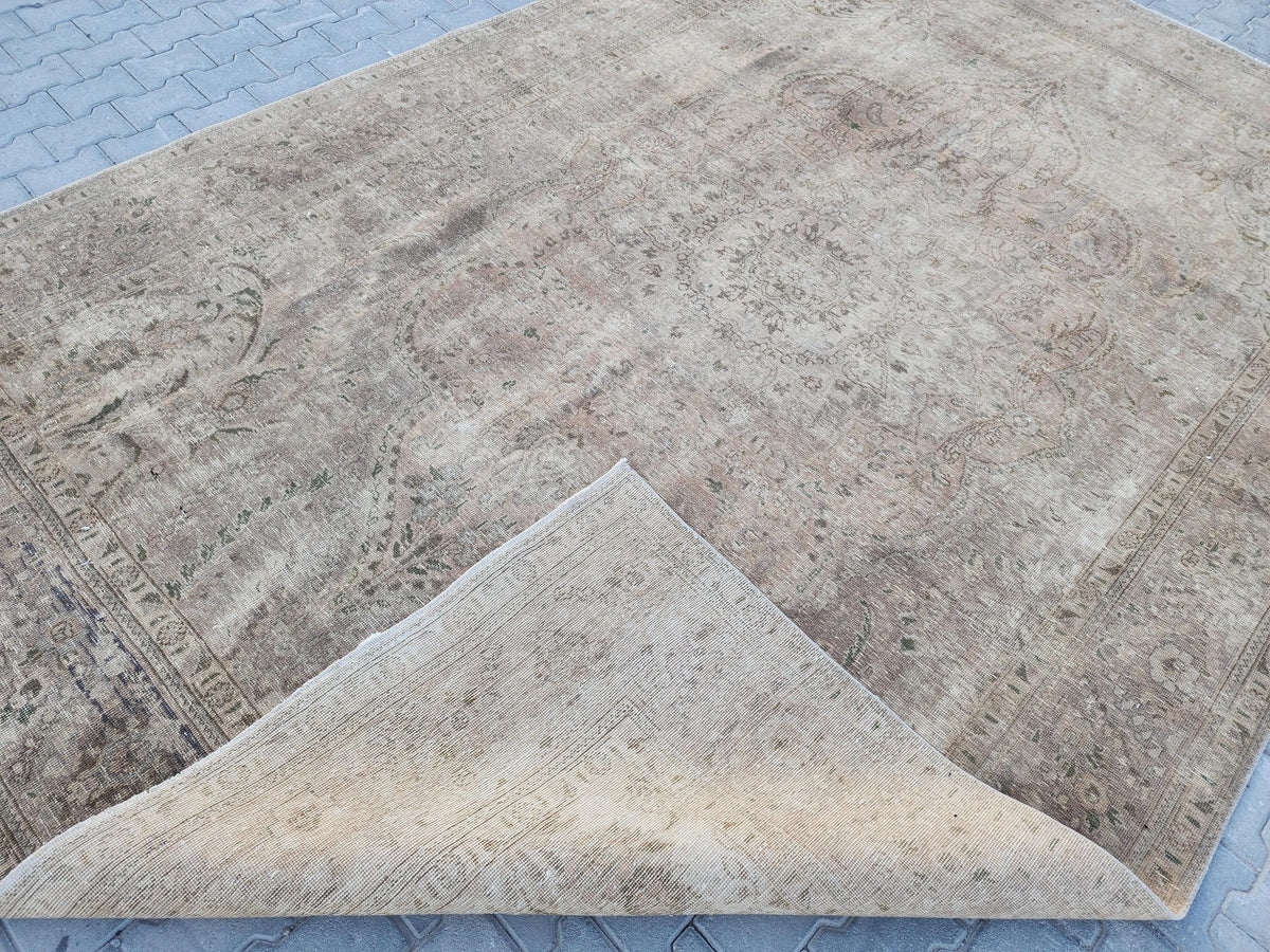 9×12 Vintage Wool Rug, Hand Knotted, Neutral Beige Oriental Persian Traditional Carpet