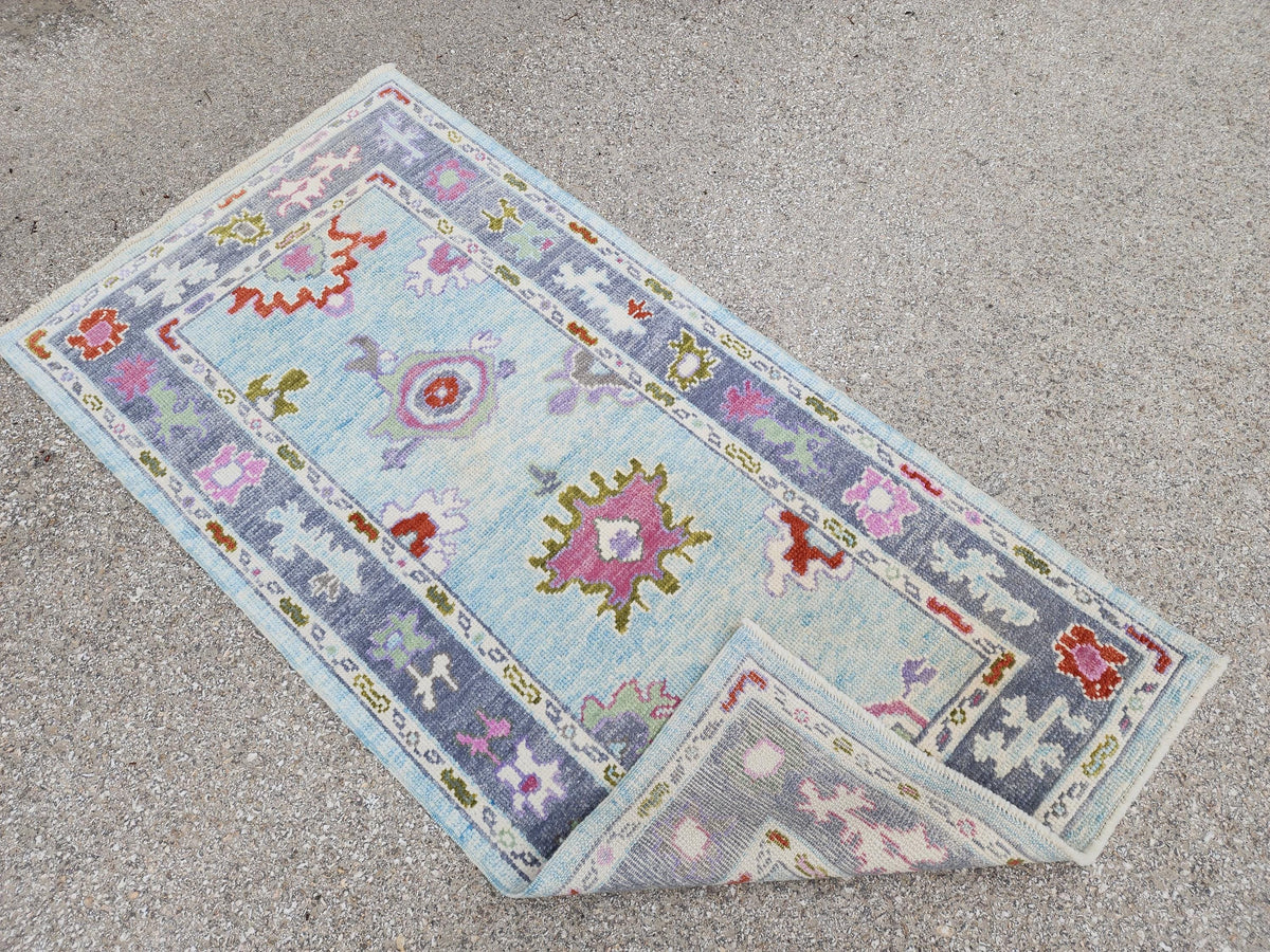 Handwoven 3x6 Oushak Wool Rug: Soft Blue Floral Medallion, Rustic Home Decor