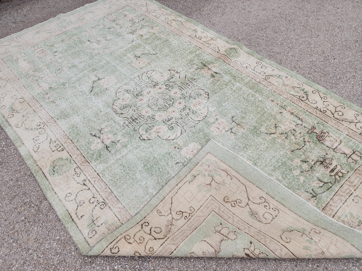 Green Turkish Oushak Rug 6x11: Handwoven Wool Isparta Carpet