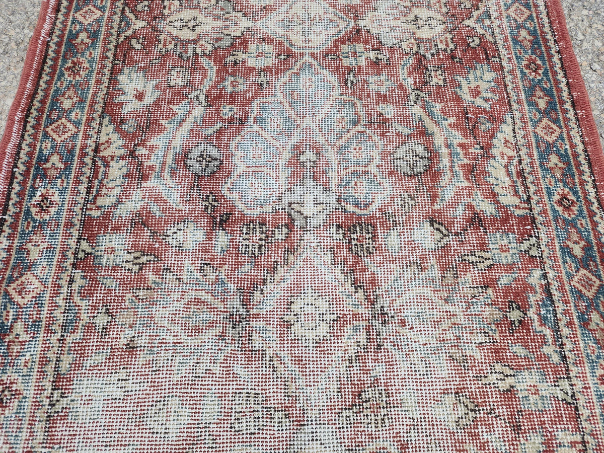 Antique Runner Rug 3x11.5 ft, Turkish Oushak Wool Carpet Faded Red Rug For Living Room Decor