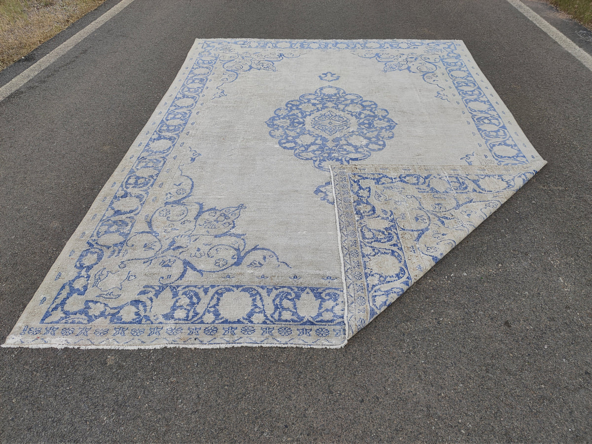 9x13 Blue Medallion Turkish Oushak Rug: Hand-Knotted Wool Vintage Rug